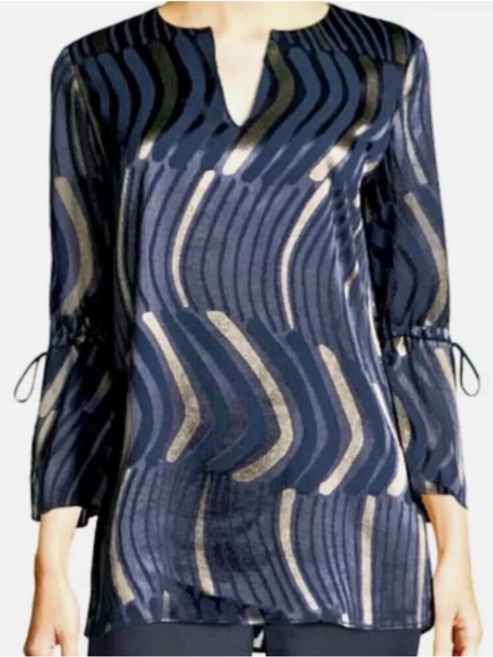 Lafayette 148 Sela Blue Gold Abstract Metallic Oversized Blouse 1X-2X